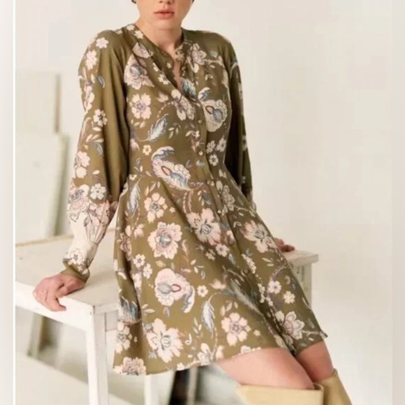 Sezane Dresses & Skirts - New Sezane Caprice Mini Dress - Rama Kaki Floral French Elegant Casual FR34/US2